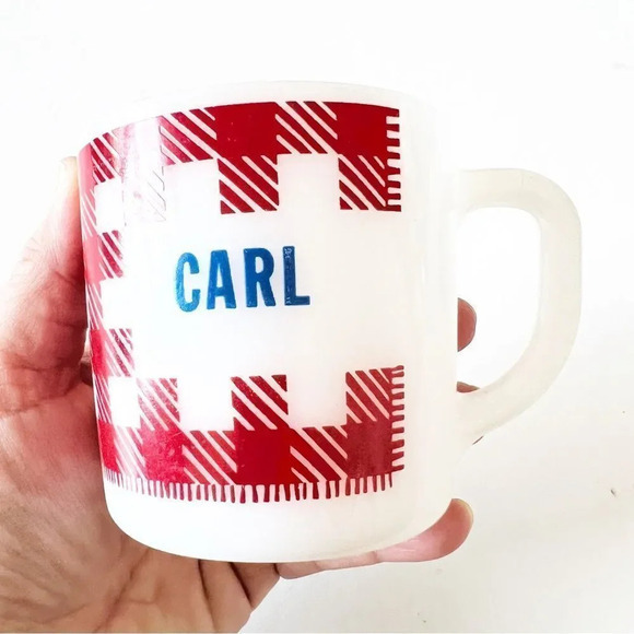 Westfield Milk Glass Vintage Mug Carl Red Gingham Plaid Picnic Blanket Print Tea - Picture 7 of 8